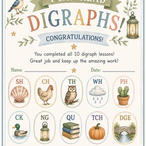 May include: A certificate titled I CAN READ DIGRAPHS! featuring a blue bird, a lantern, and ten oval icons representing digraphs with illustrations including a shell, chicken, owl, cloud, cactus, duck, lantern, books, pumpkin, and a stone bridge.