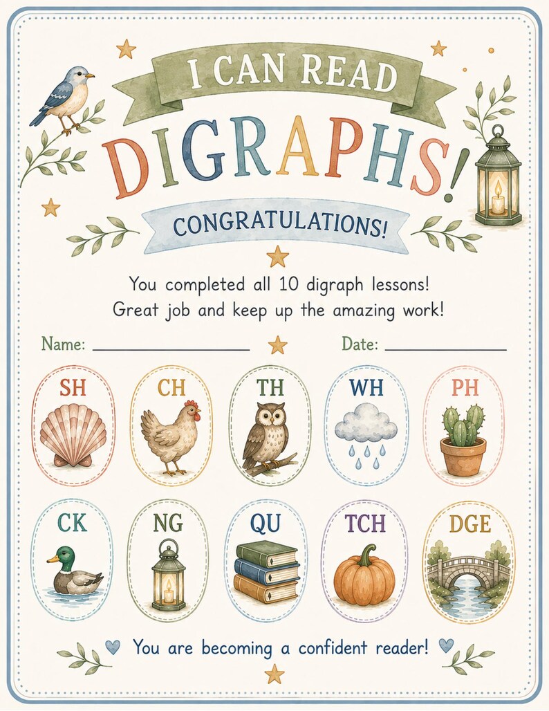 May include: A certificate titled I CAN READ DIGRAPHS! featuring a blue bird, a lantern, and ten oval icons representing digraphs with illustrations including a shell, chicken, owl, cloud, cactus, duck, lantern, books, pumpkin, and a stone bridge.