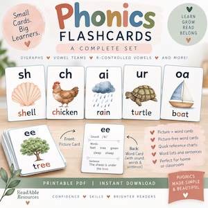 Può includere: Un set di flashcard fonetiche con illustrazioni educative e testo. Le carte mostrano combinazioni di lettere come sh, ch, ai, ur e oa con immagini di una conchiglia, un pollo, pioggia, una tartaruga e una barca. Include un mazzo di carte che mostra il fronte con un albero e il retro con suoni, parole e frasi di esempio.