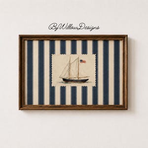Vintage Sailboat Print, Nautical Wall Art, Coastal Poster, Navy Cream Coastal Boat Print, Beach House Decor, Sailing Wall Art