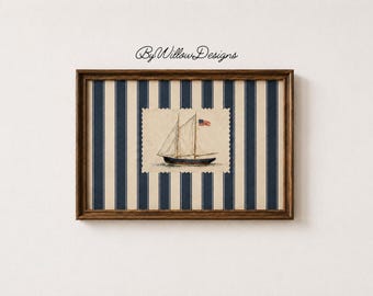 Vintage Sailboat Print, Nautical Wall Art, Coastal Poster, Navy Cream Coastal Boat Print, Beach House Decor, Sailing Wall Art