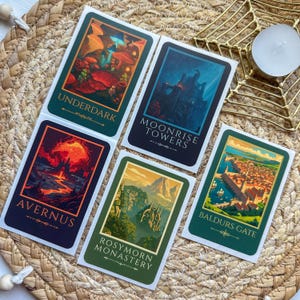 May include: Five rectangular stickers with fantasy art scenes. The stickers feature the text "UNDERDARK", "MOONRISE TOWERS", "AVERNUS", "ROSYMORN MONASTERY", and "BALDURS GATE". Each sticker has a different color scheme and illustration.