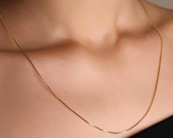 10K Solid Gold Box Chain Adjustable Necklace, Delicate Minimalist Necklace