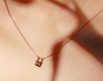 14K Solid Gold Modern Initial Padlock Necklace, Custom Engraved Pendant, Personalised Engagement Necklace