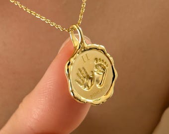 14K Solid Gold Baby Fingerprint Necklace, Handprint and Footprint Pendant Present for new mom, Memorial Gift