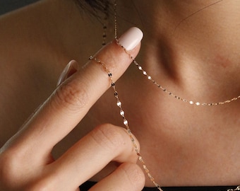 14K massivt guld tunn gnistrande diamantslipad kedja, elegant nyckelbenshalsband