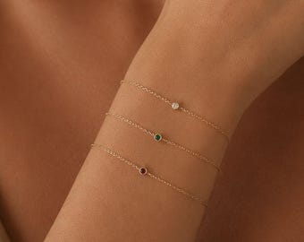 14K Solid Gold Solitaire Birthstone Bracelet, Stackable Layering Fine Jewelry