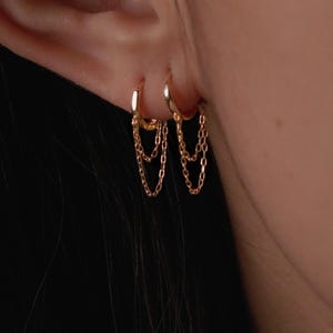 10K Solid Gold Huggie Hoop Chain Dangle Earring, Dainty Double Chains Earrings, Everyday Jewelry