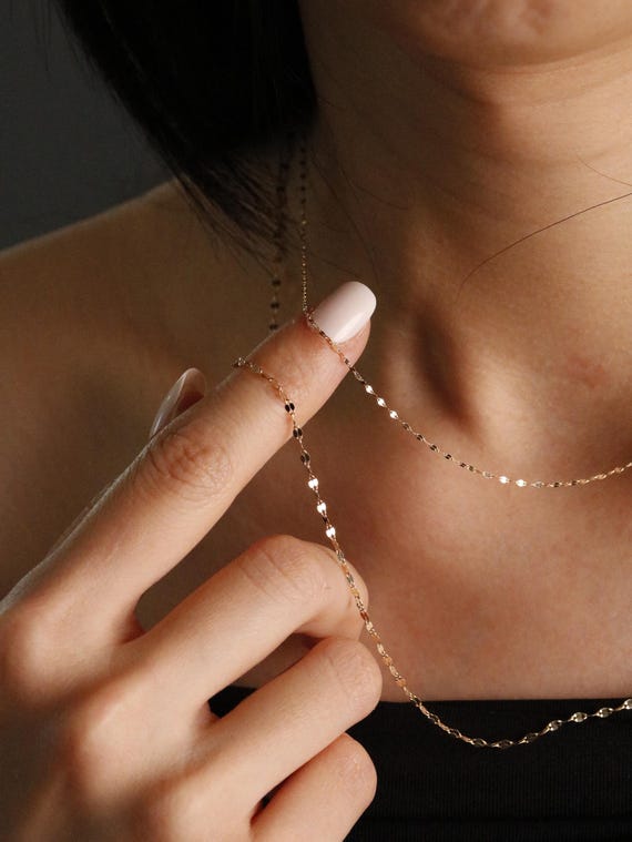 14K Solid Gold Thin Sparkle Diamond Cut Chain, Dainty Collarbone necklace