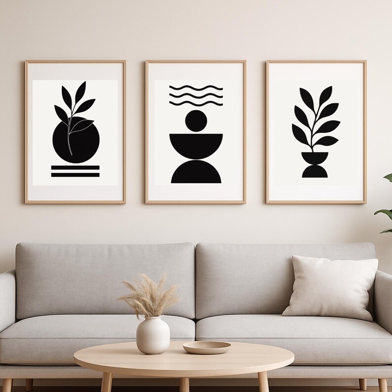 Black and White Minimalist Wall Art Set of 3 – Modern Botanical ...