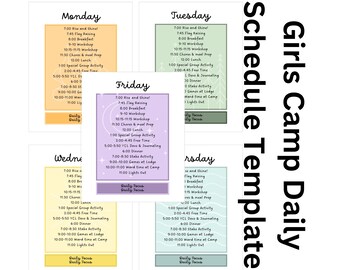 Girls Camp Daily Schedule Template, Girls Camp daily schedule printables, customize girls camp schedule
