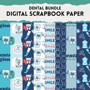 May include: Digital scrapbook paper bundle with dental-themed designs. The designs include cartoon teeth with masks, toothbrushes, toothpaste, and the text "Smile" and "Floss Like a Boss". The color palette is blue and white.