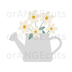 May include: A gray watering can filled with white daisies with yellow centers and green leaves. The daisies are in full bloom, and the watering can has a handle and a spout. The image has a clean, minimalist design.