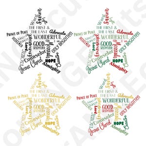 May include: Four star-shaped designs with religious words in various colors. Each star contains words like "Wonderful", "Good Shepherd", and "Jesus Christ". The color variations include black, green, gold, and red.