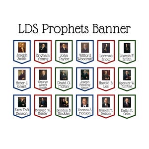 Pode incluir: Um banner com retratos de profetas da Igreja SUD, incluindo Joseph Smith e Brigham Young. Cada retrato é emoldurado em uma borda colorida, com os nomes dos profetas exibidos abaixo. O banner é intitulado "LDS Prophets Banner".