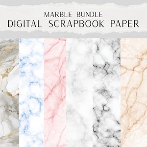 May include: A digital scrapbook paper bundle featuring various marble textures. The image displays several vertical strips of paper with different marble patterns, including gold, blue, pink, white, gray, and beige. The text "MARBLE BUNDLE DIGITAL SCRAPBOOK PAPER" is at the top.