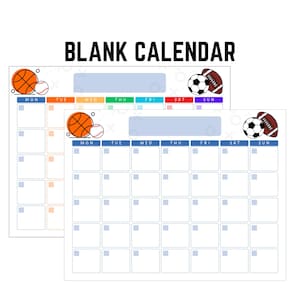 Op de afbeelding: Twee blanco maandkalenders met sportthema-illustraties. De kalenders bevatten een basketbal, honkbal, voetbal en American football. De tekst "BLANK CALENDAR" staat bovenaan. Elke dag van de week is gekleurd.