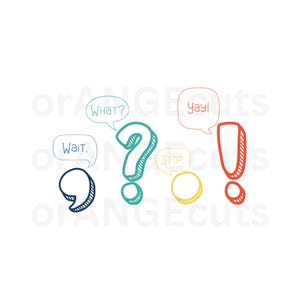 Puede incluir: Ilustración caprichosa con una coma, un signo de interrogación, un signo de exclamación y un círculo, cada uno con un bocadillo. Los bocadillos contienen las palabras "Wait.", "What?", "Stop" y "Yay!" en un estilo dibujado a mano.
