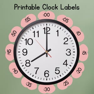 May include: A black and white clock with a black frame, featuring a red second hand. Pink flower-shaped labels with minute markings surround the clock face. The text "Printable Clock Labels" is at the top.