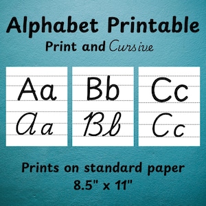 Op de afbeelding: Alfabet print met de letters A, B en C in print en cursief. De tekst "Prints on standard paper" is opgenomen, samen met de afmetingen 21,6 cm x 27,9 cm. De letters zijn zwart op wit papier.