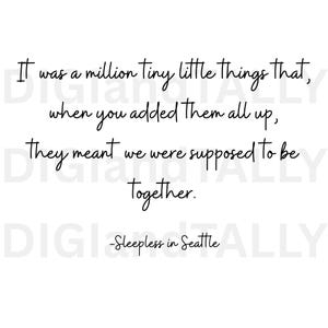 May include: White background with black text. The quote reads: "It was a million tiny little things that, when you added them all up, they meant we were supposed to be together." The quote is from Sleepless in Seattle.