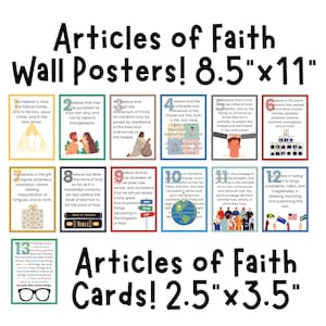 May include: A set of Articles of Faith wall posters and cards. The posters are 8.5" x 11" and the cards are 2.5" x 3.5". Each poster and card features text and illustrations related to religious beliefs.