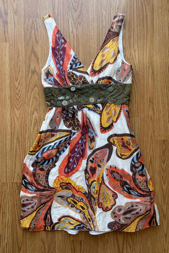 Y2K Paisley Empire Waist Dress With Bead Embellished Waist - Boho, Wedding Guest Dress, Beaded, Going Out Dress, Special Occasion - Size 8