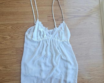 Y2K Sheer Beaded Babydoll Cami - Size Small, White Lace, Coquette, Romantic Top, Fairycore, Soft Girl Lingerie, Bridal