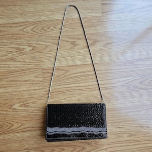 Vintage Black Beaded Crossbody Bag, Structured Evening Formal Purse, Elegant Purse, Special Occasion