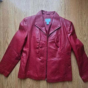 Y2K Red Leather Motorcycle Jacket, Minimalist, 2000s Style, Indy Sleaze - Size Petite Large