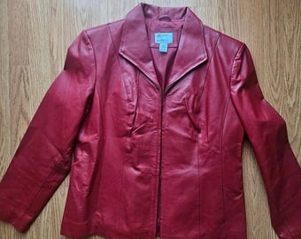 Y2K Red Leather Motorcycle Jacket, Minimalist, 2000s Style, Indy Sleaze - Size Petite Large