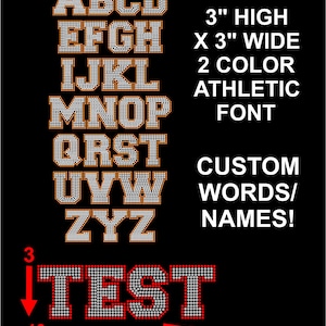 3 inch 2 color athletic  font,  Alphabet iron on bling iron on custom words, rhinestone letters, bling names, Bedazzled iron on patch,