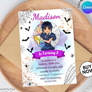 May include: A party invitation featuring a cartoon girl in a black dress, surrounded by bats and spiderwebs. The invitation reads "Madison" and "Is Turning 8", with event details and a "Buy Now" button. The design is set on a wooden tray.