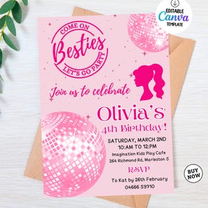 Pink Doll Birthday Invitation Template: Princess Party Invite Editable Canva (Digital Download)