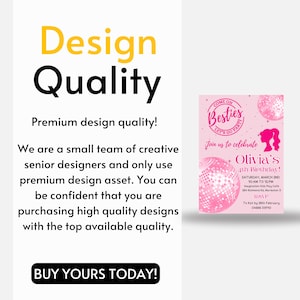 May include: A pink birthday party invitation featuring disco ball illustrations and the words "Besties". The invitation includes the date, time, and location of the party, plus RSVP details. The text reads "Olivia's 4th Birthday!"