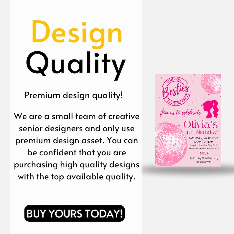 May include: A pink birthday party invitation featuring disco ball illustrations and the words "Besties". The invitation includes the date, time, and location of the party, plus RSVP details. The text reads "Olivia's 4th Birthday!"