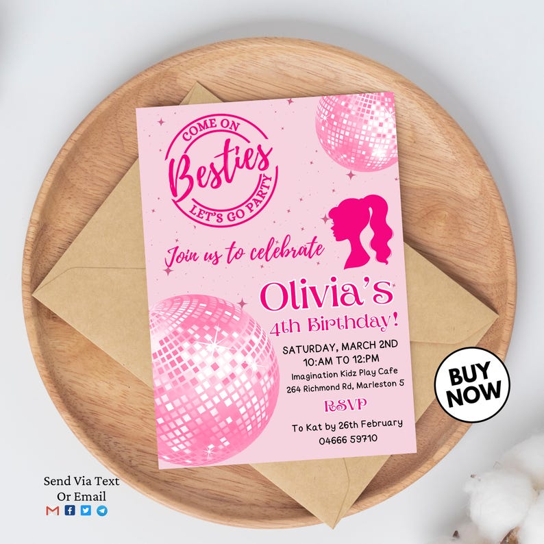 Pink Doll Birthday Invitation Template, Princess Themed Decor, Girl Party Invite, Girls Editable Invite, Printable Card