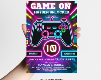 Modèle d'Invitation d'anniversaire de joueur, invitation à une fête de jeu vidéo, thème arcade néon phosphorescent, téléchargement immédiat