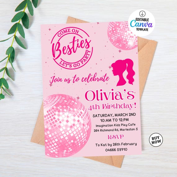 Pink Doll Girl's Birthday Invitation Template: Princess Party, Fashion Doll Invite, Editable Canva (Digital Download)