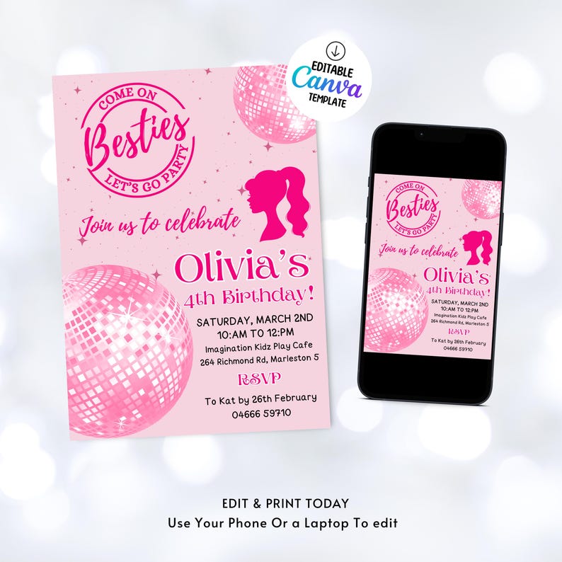 Pink Doll Birthday Invitation: Editable Template, Princess Party, Fashion Doll Invite, Instant Download image 2
