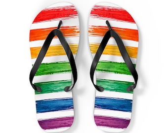 Rainbow Watercolor Stripes Flip Flops | Colorful Beach Sandals