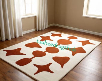 Hand Tufted Wool Rug, Abstract Terracotta Cream Area Rug