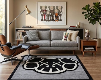 Modern Skull Area Rug, Black Grey Designer Carpet, Kaws Inspired Rug, Living Room Rug, Kids Room Decor, Street Art Style Rug,