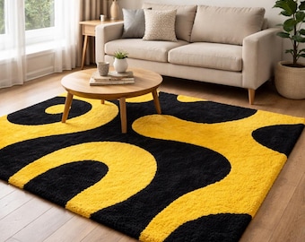 Handmade Tufted Wool Area Rug: Abstract Yellow Black Pattern Living Room Decor