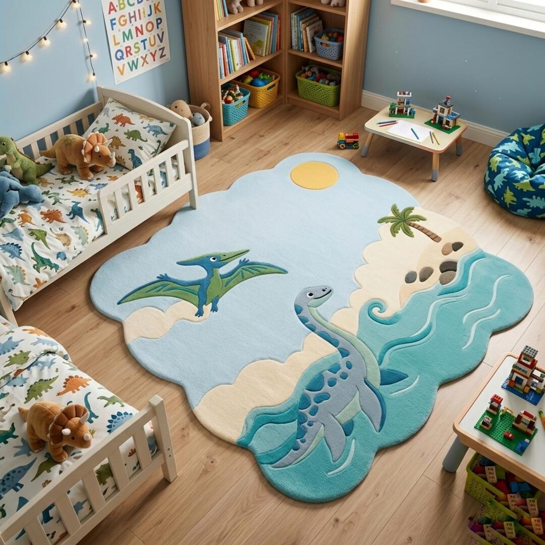 Dinosaur Kids Rug, Nursery Playroom Carpet, Ocean Dino Floor Mat, Baby ...