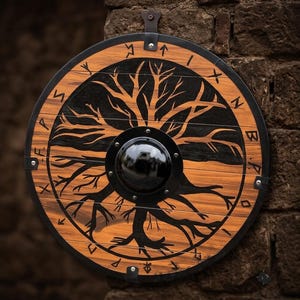 May include: A circular wooden shield featuring a black painted tree design and a central black metal boss. The outer rim is reinforced with a black metal band, and the wooden surface is engraved with runic characters along the perimeter.