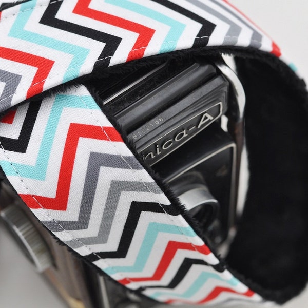 Chevron Padded Camera Strap -  Black, Grey, Red, Aqua Chevron with Black Minky - Winter Fashion, Winter Accessories