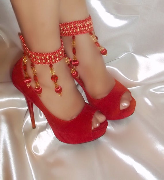 Items similar to Red And Gold Beaded Anklets/Ankle Bracelets/Ankle ...