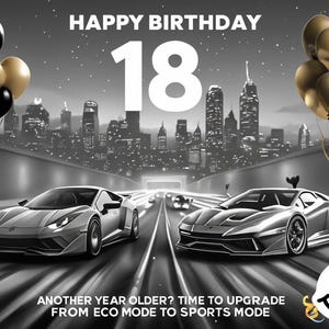 Cartão de feliz aniversário, para ele, adolescente, 18 anos, engraçado, carros esportivos,