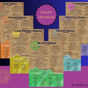 May include: A collection of seven chakra charts with detailed information, affirmations, and practices. Each chart is a different color and features a specific chakra, with the text "Instant download" in a purple circle.